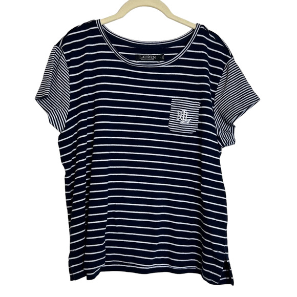 Lauren Ralph Lauren Womens Knit Top Large Navy White Striped LRL Logo - Picture 1 of 6